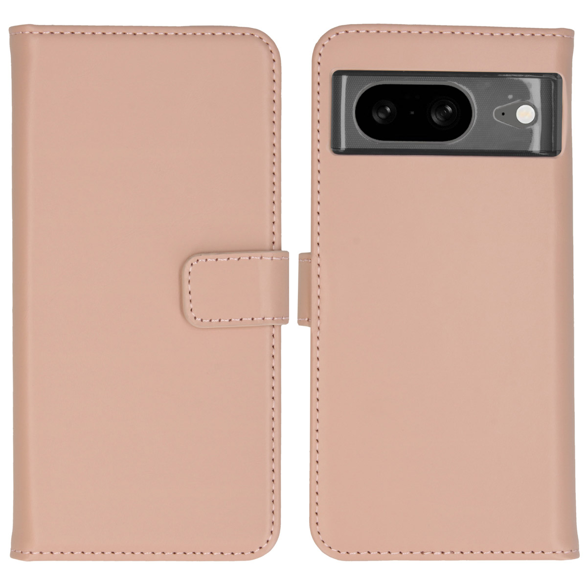 Un étui de téléphone rose ouvert. Le téléphone a 2 caméras. L'étui a une fermeture magnétique.