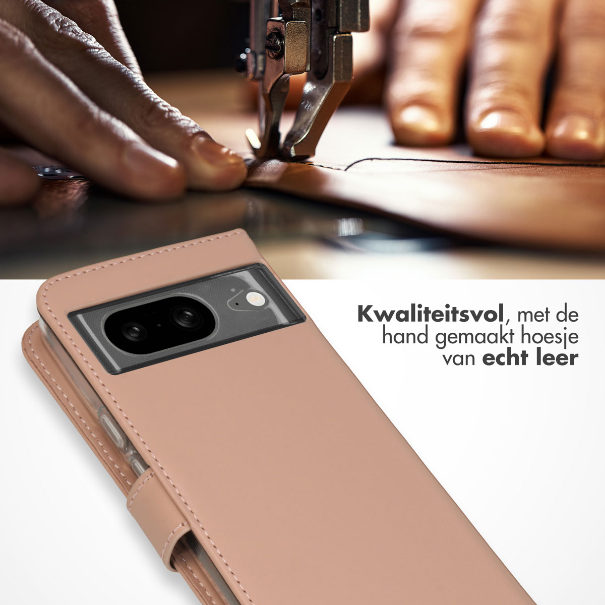 Machine à coudre cousant le cuir, étui de téléphone avec caméra, texte.