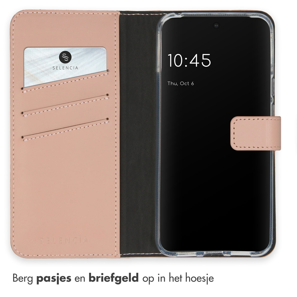 Étui de téléphone rose ouvert, contenant cartes et argent. Téléphone à l'intérieur.