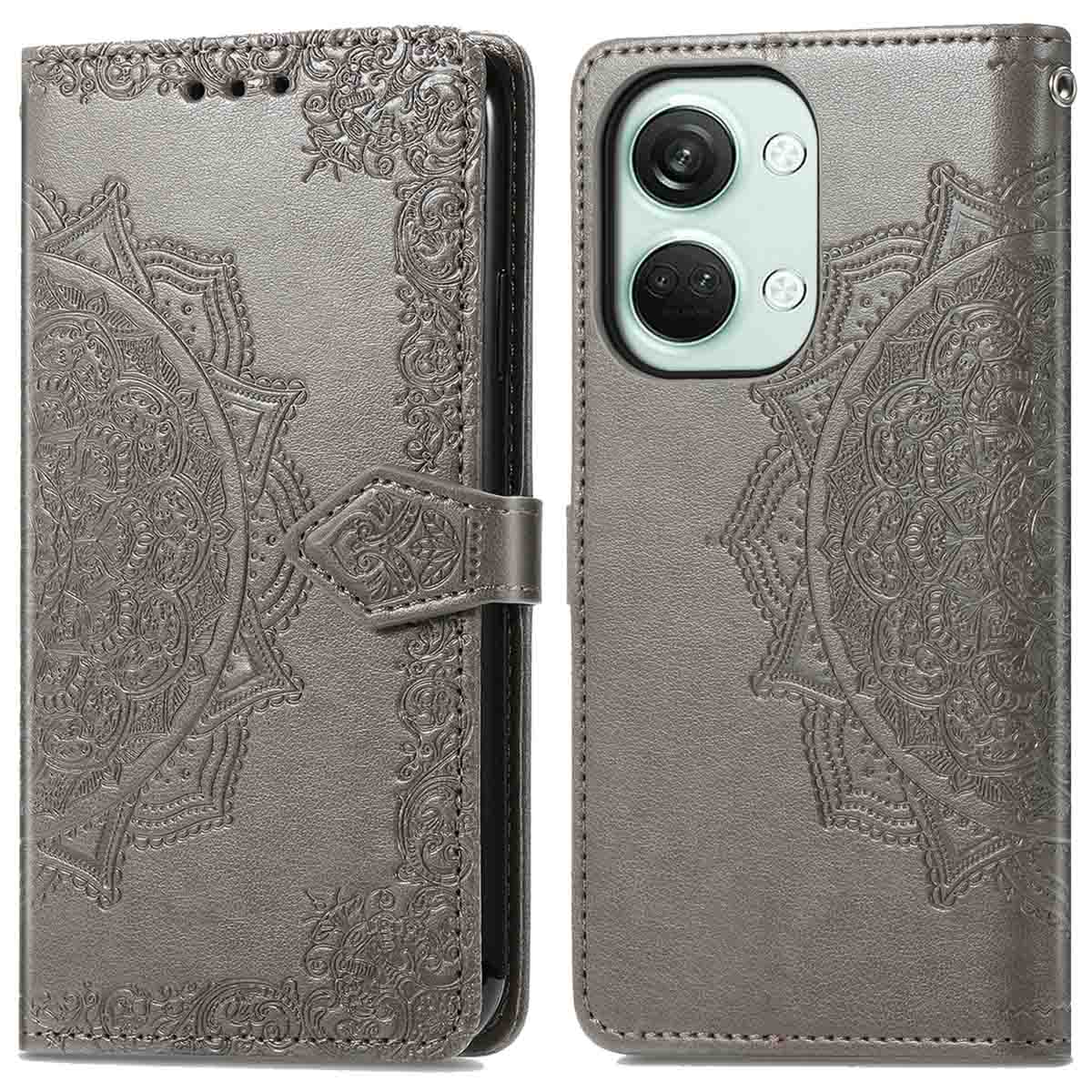 Coque de téléphone grise, ouverte montrant un téléphone avec un motif mandala.