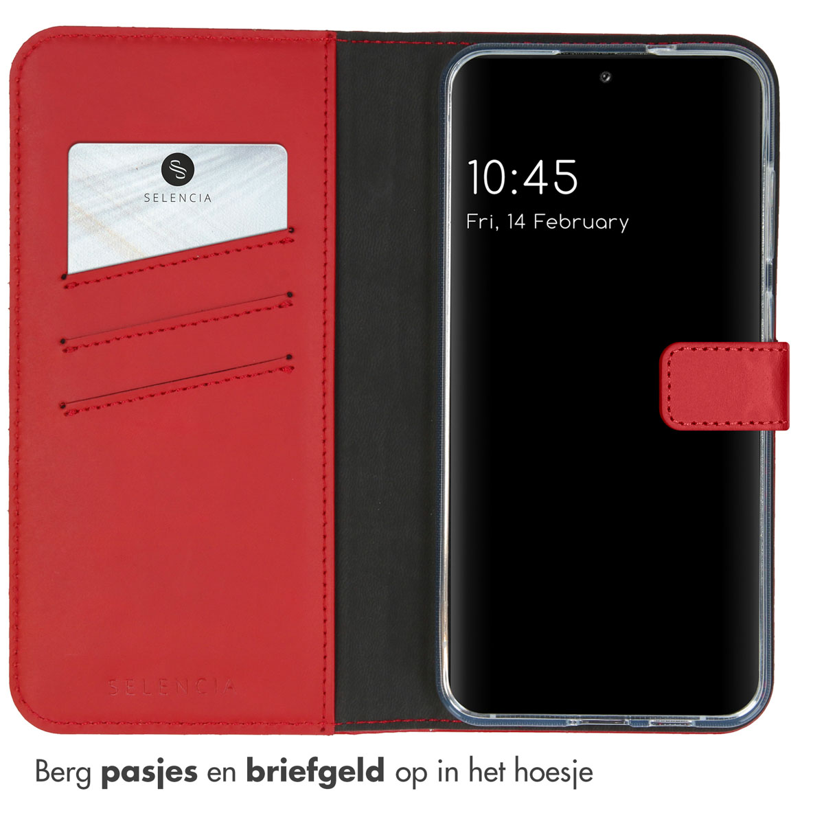 Étui de téléphone rouge, ouvert, avec cartes et téléphone. Affiche l'heure et la date.