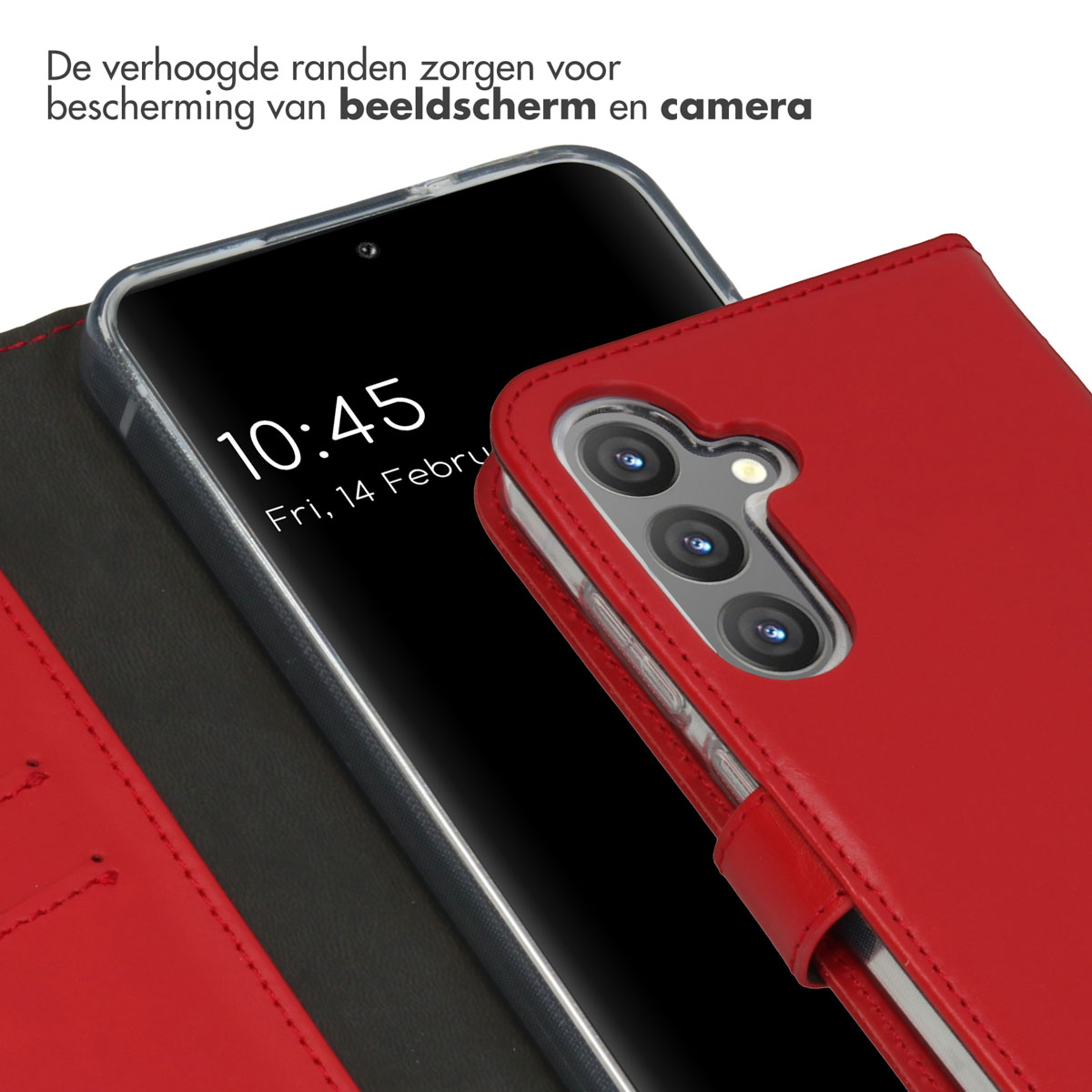 Coque de téléphone rouge avec téléphone à l'intérieur. Bords surélevés protègent l'écran et la caméra.