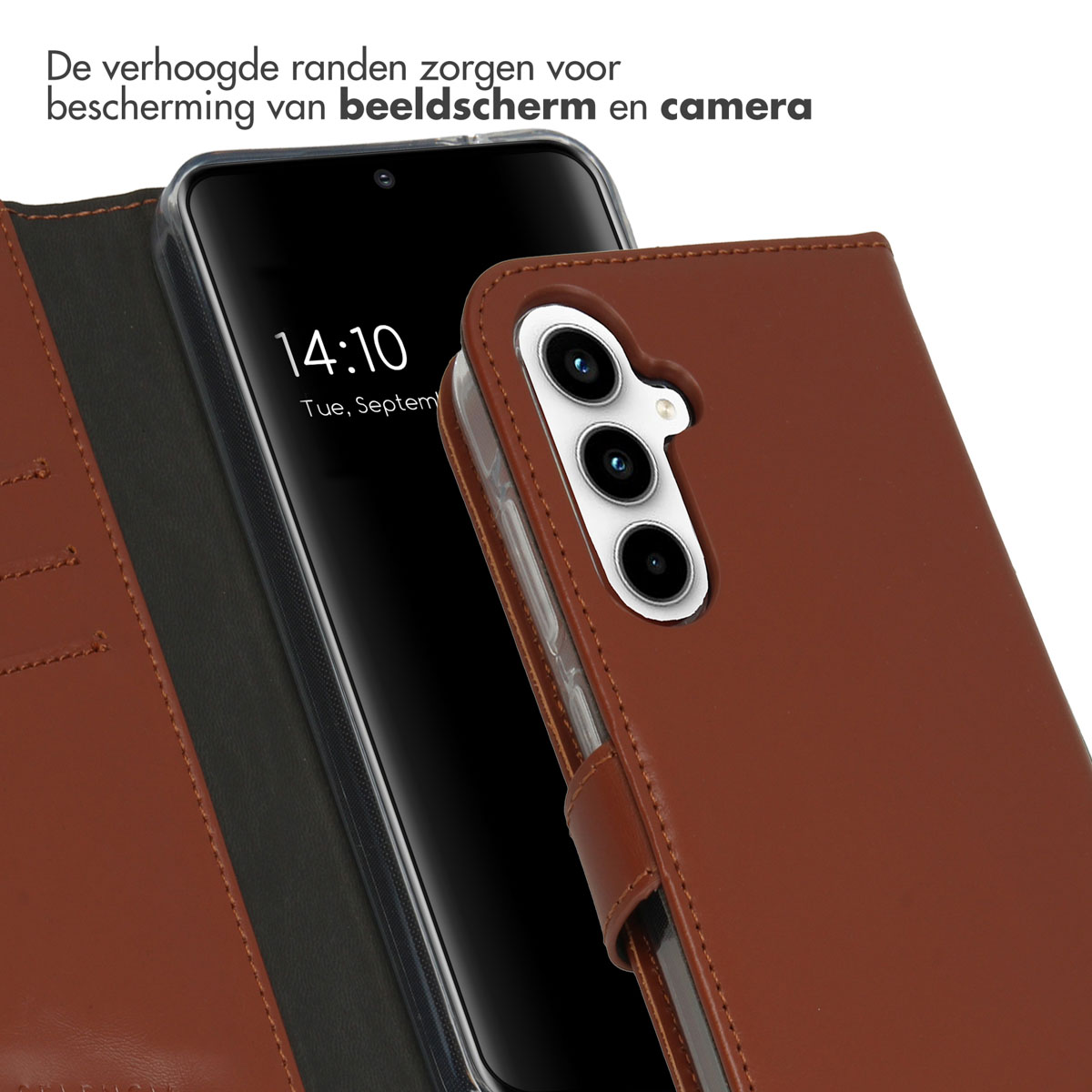 Bruine telefoonhoes, open en toont een telefoon met de tijd weergegeven.