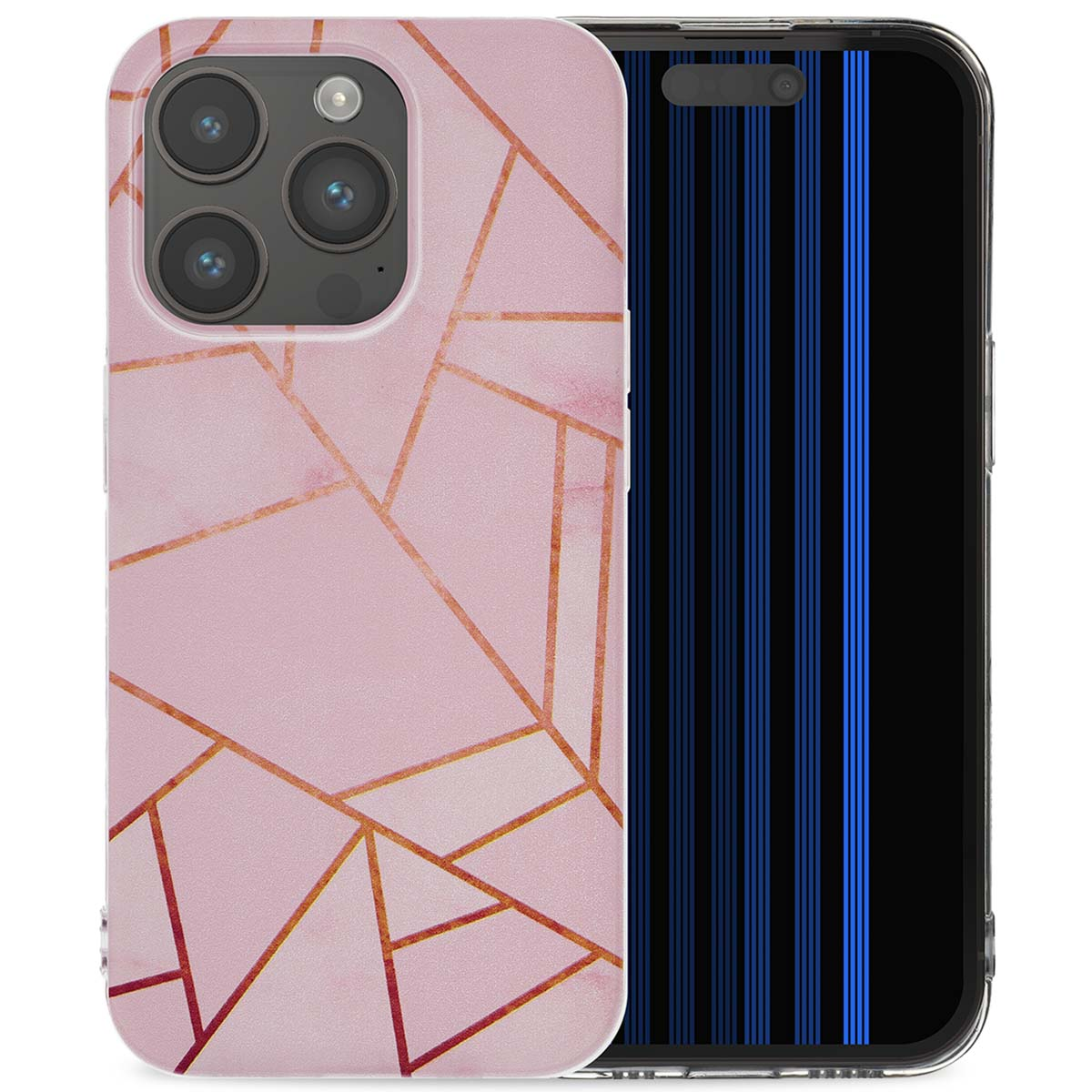 Roze telefoonhoes met geometrisch patroon en telefoon met blauw gestreept scherm.