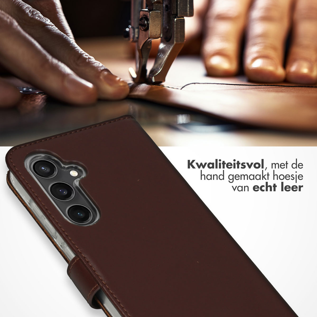 Een bruine leren telefoonhoes met een telefoon erin. De telefoonhoes wordt genaaid met een naaimachine.