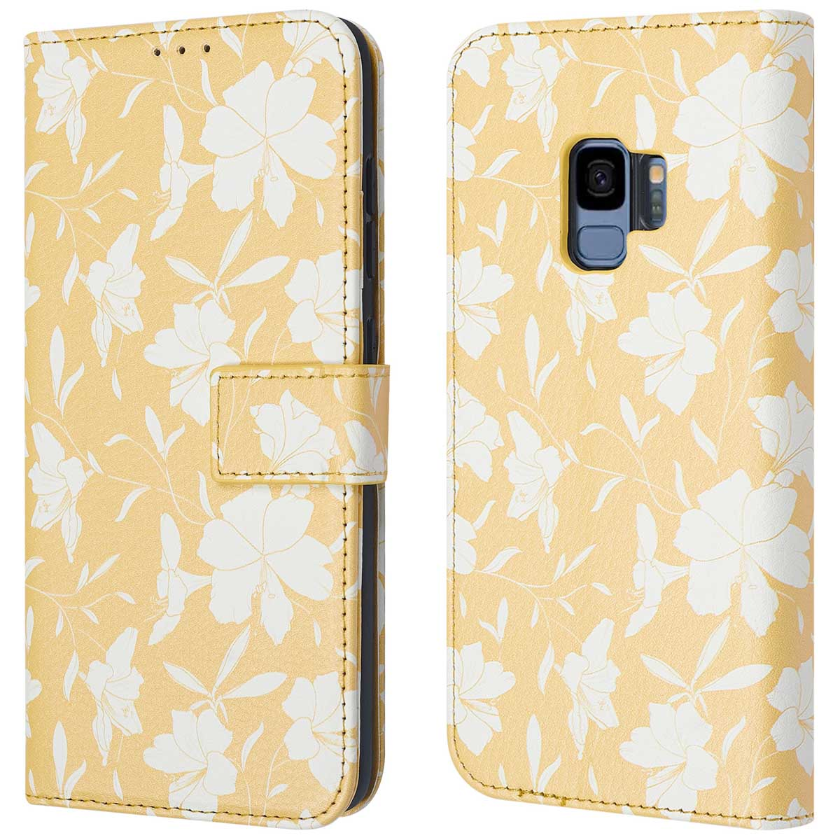 Gele telefoonhoes met wit bloemenpatroon. Open, met telefoon zichtbaar. Hoes heeft een magnetische sluiting.
