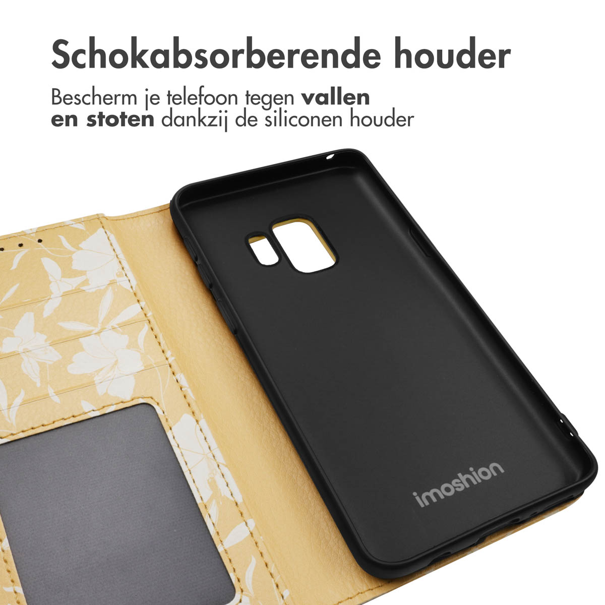 Telefoonhoesje met een zwarte achterkant en een gele binnenkant. De hoes is open en toont de omtrek van de telefoon.