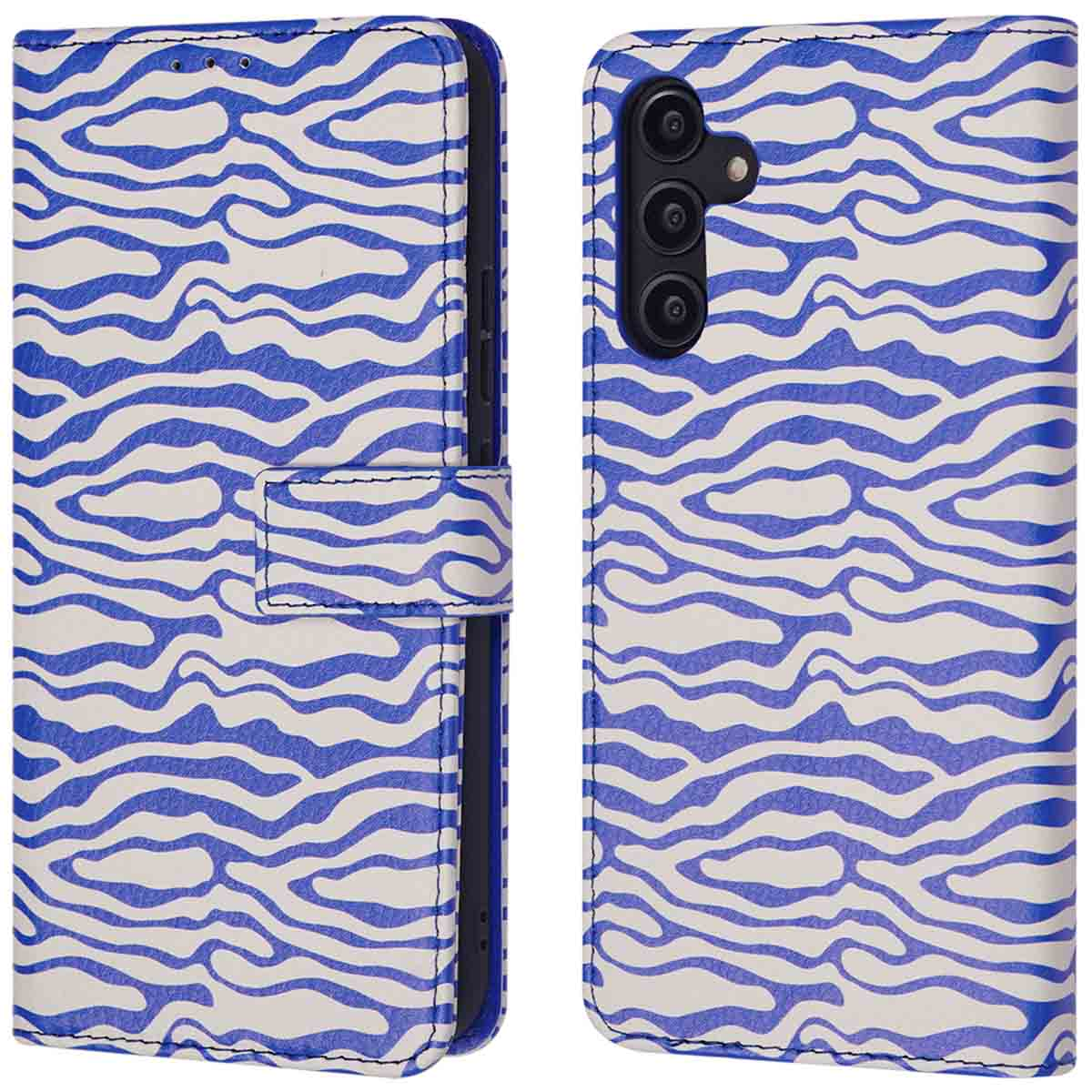 Een telefoonhoesje met een blauw-wit zebrapatroon, met de voor- en achterkant van de telefoon.