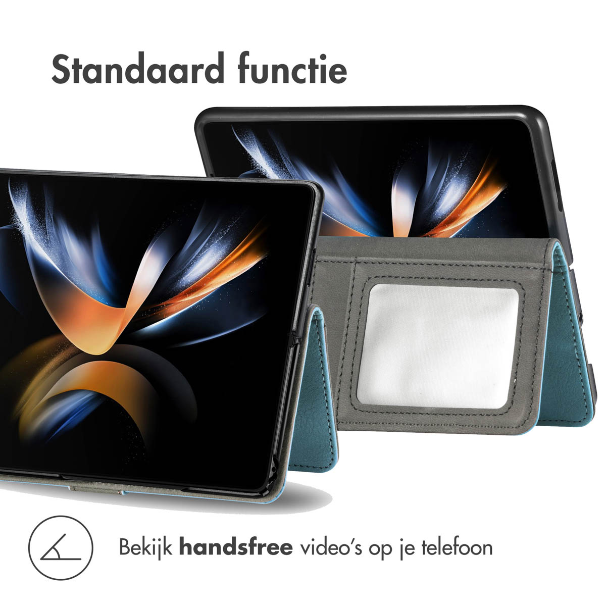 Due tablet in una custodia grigia e blu. Un tablet mostra un video. La custodia può stare in piedi.