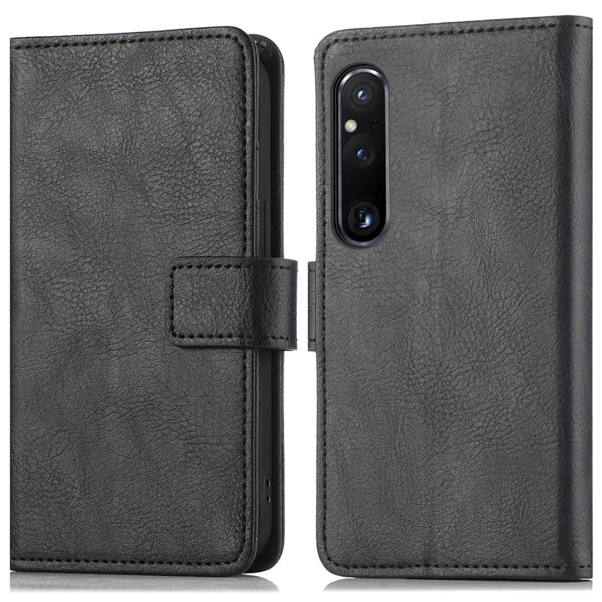 Étui de téléphone en cuir noir, fermé. Affiche l'arrière d'un téléphone.