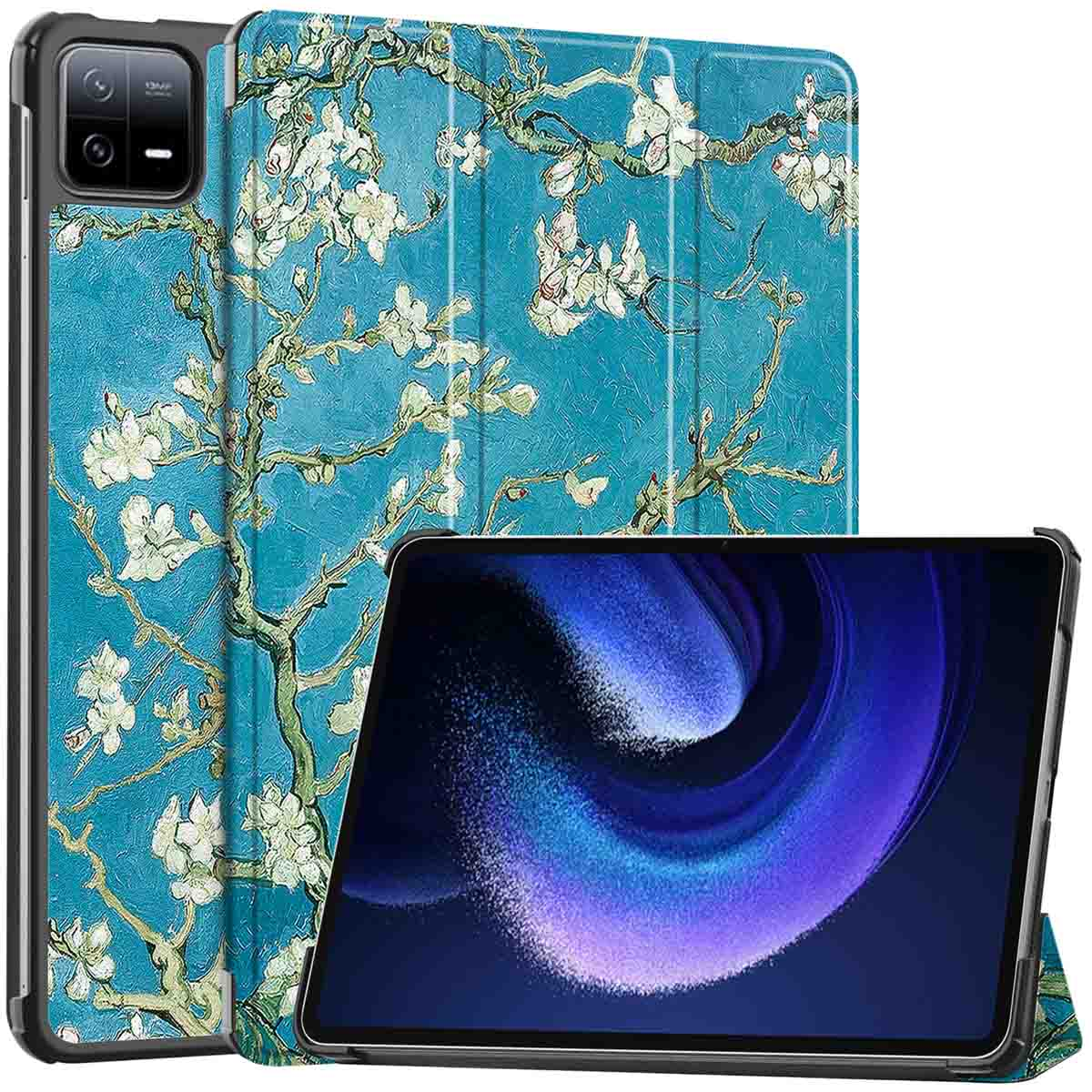 Tablet and phone case with a Van Gogh floral painting. The tablet is standing.