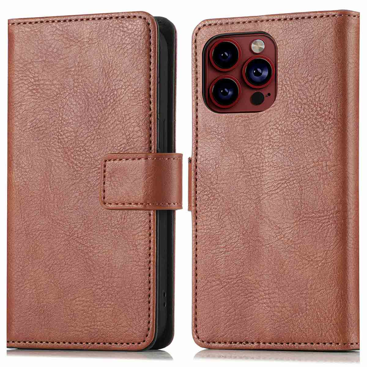 Étui portefeuille en cuir marron pour téléphone, ouvert. Montre les coutures.