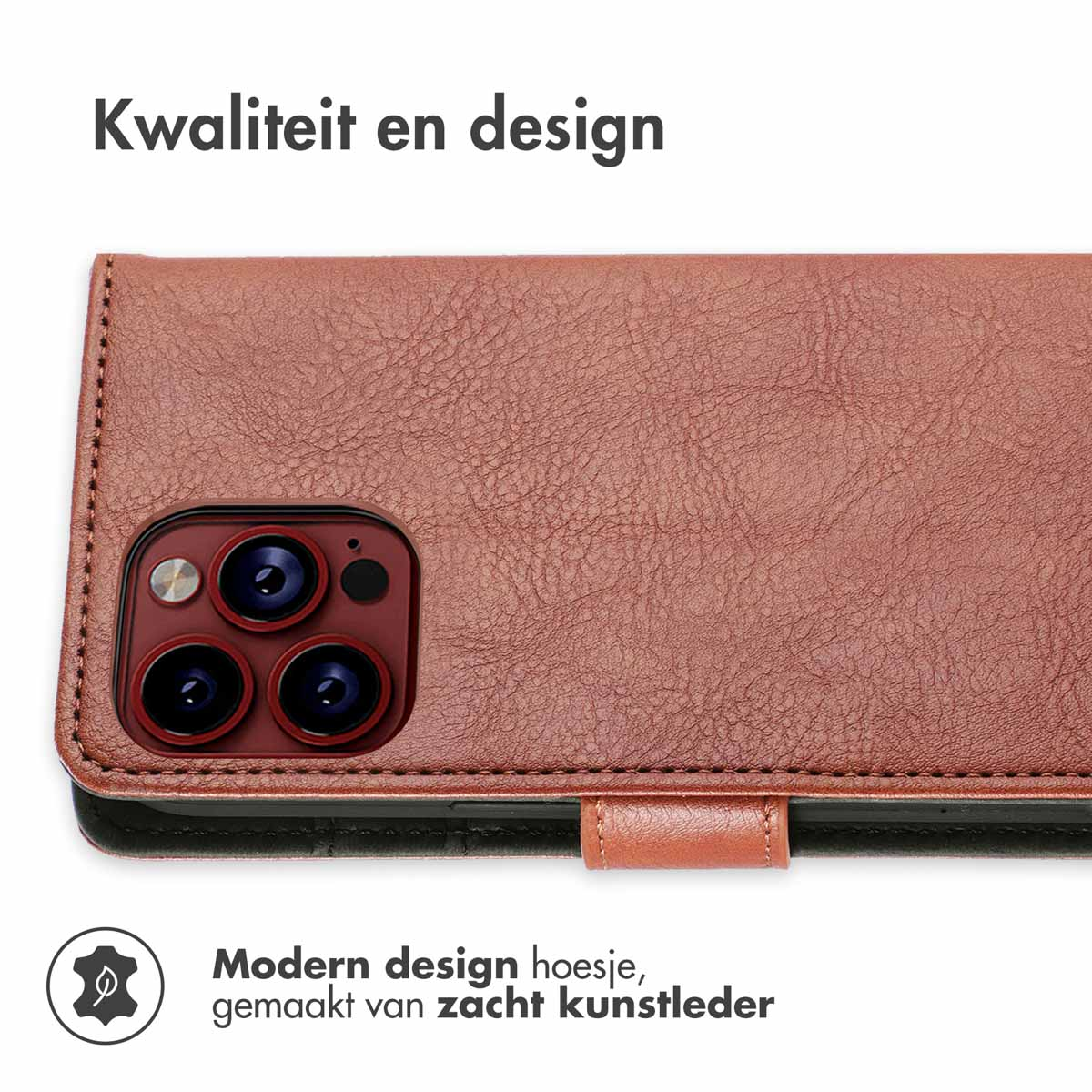 Coque de téléphone, ouverte, avec extérieur en cuir marron et téléphone à l'intérieur. Texte : Design moderne en cuir souple.