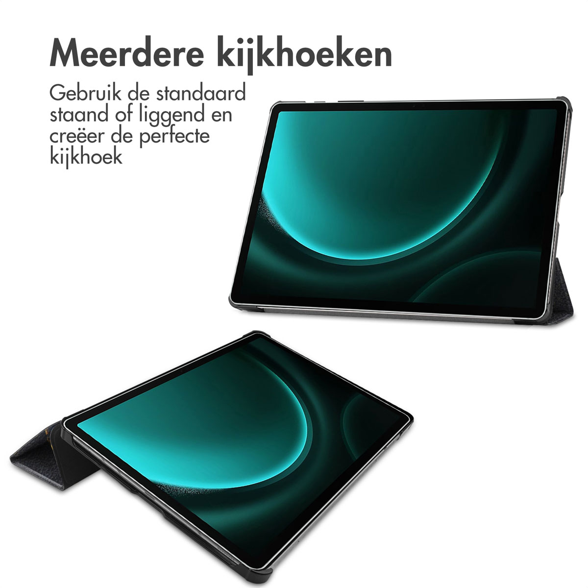 Tablet su un supporto, con sfondo verde e blu. La custodia ha un design pieghevole.
