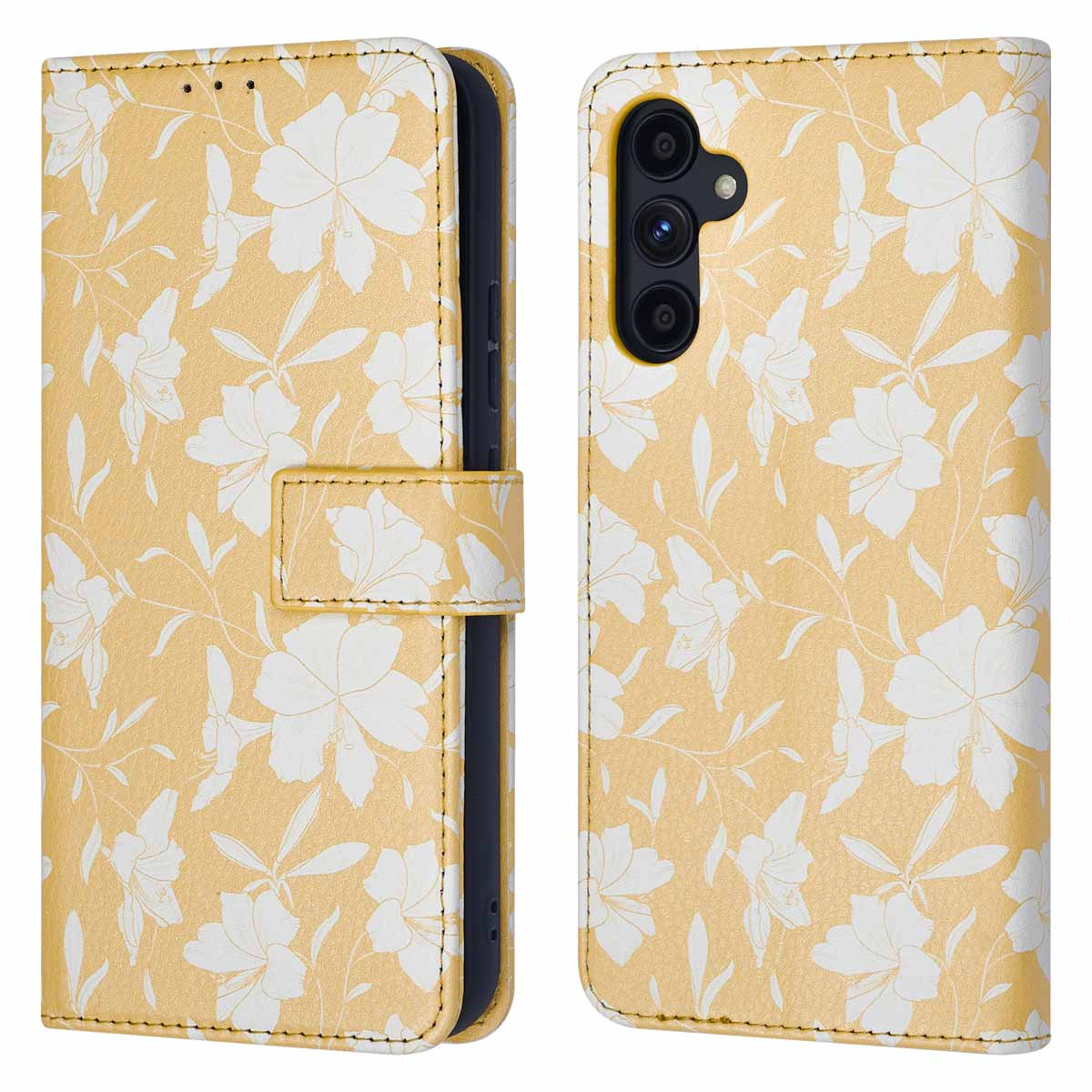 Étui de téléphone jaune avec motif floral blanc, vues fermées et ouvertes.