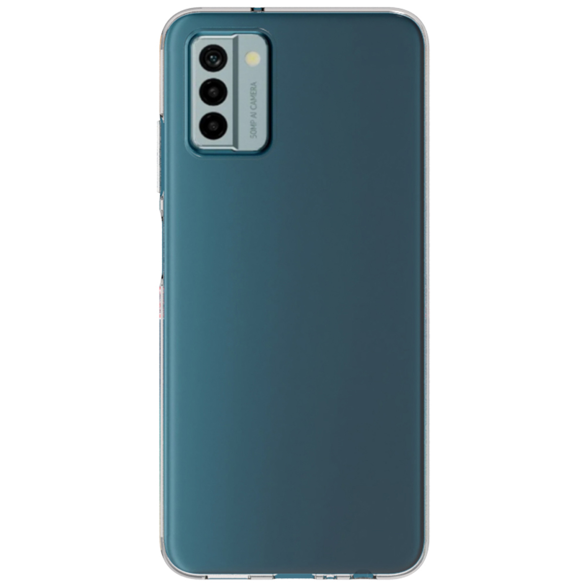 Coque de téléphone sarcelle. L'étui comporte trois objectifs d'appareil photo. Le fond est blanc.