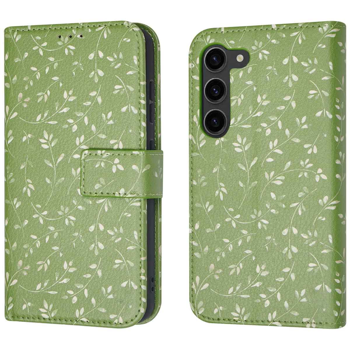 Groene telefoonhoes met witte bladerpatronen, gesloten en open.