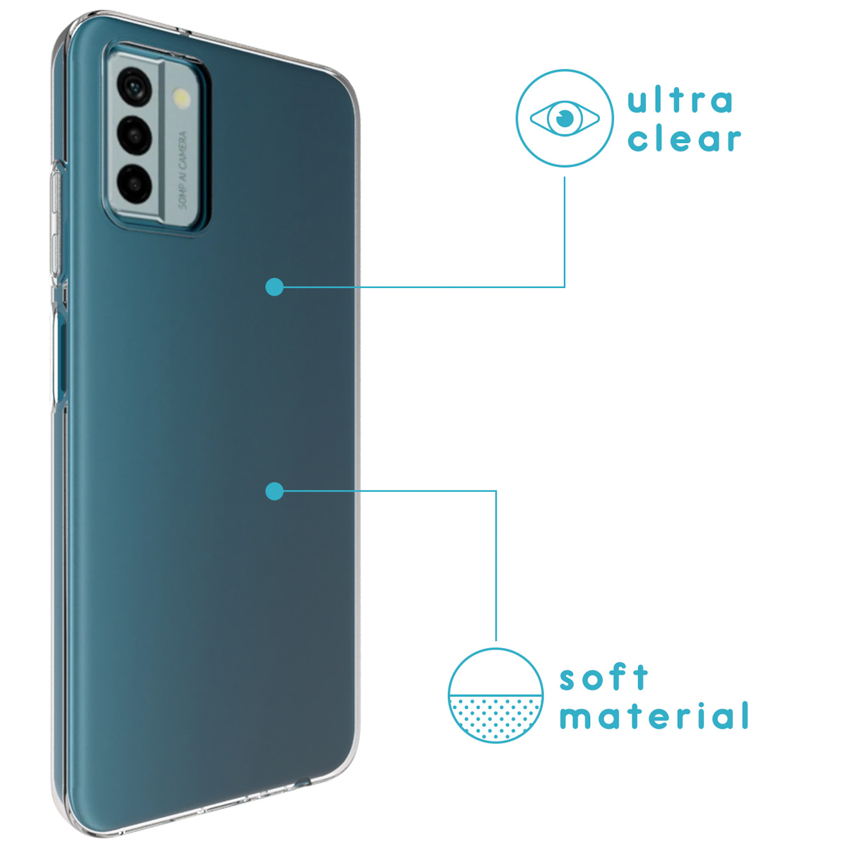 Une coque de téléphone de couleur sarcelle. L'étui est à gauche. Une icône d'œil et le texte ultra clair sont à droite.
