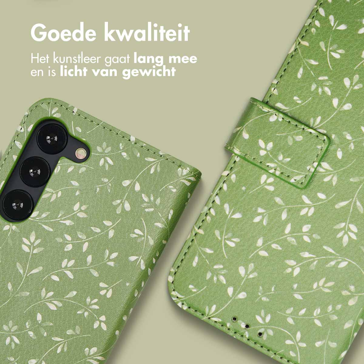 Groene telefoonhoes met wit bladerpatroon. Telefoon binnenin. Tekst: Kunstleer gaat lang mee en is licht van gewicht.
