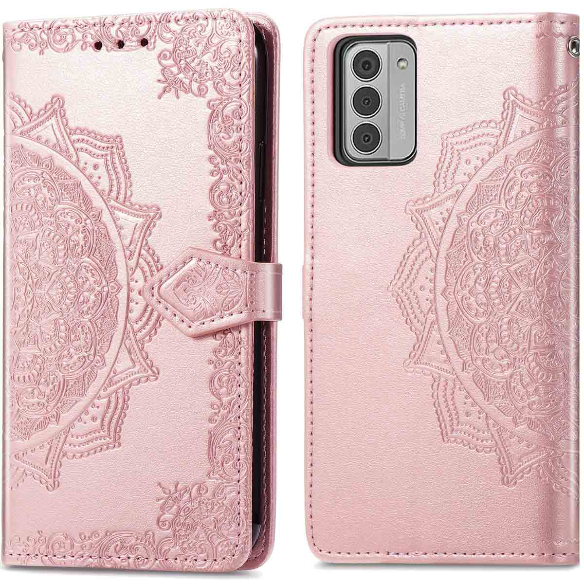Étui rose pour téléphone, ouvert. Motif mandala détaillé devant et derrière, avec fermoir.
