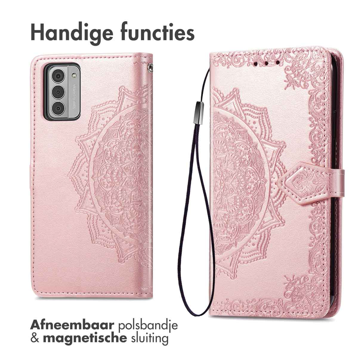Une coque de téléphone rose avec un motif de mandala, montrant l'avant et l'arrière du téléphone.