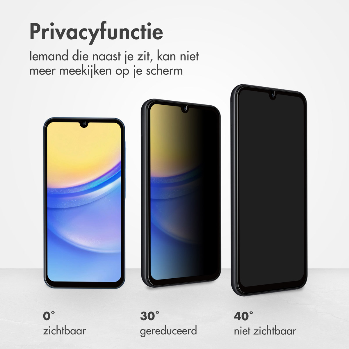 Three phones showing different privacy screen levels: 0°, 30° reduced, and 40° not visible.