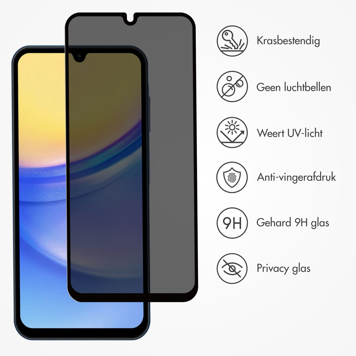 Phone and screen protector. Text: Scratch-resistant, no bubbles, UV-light resistant, anti-fingerprint, 9H glass, privacy.