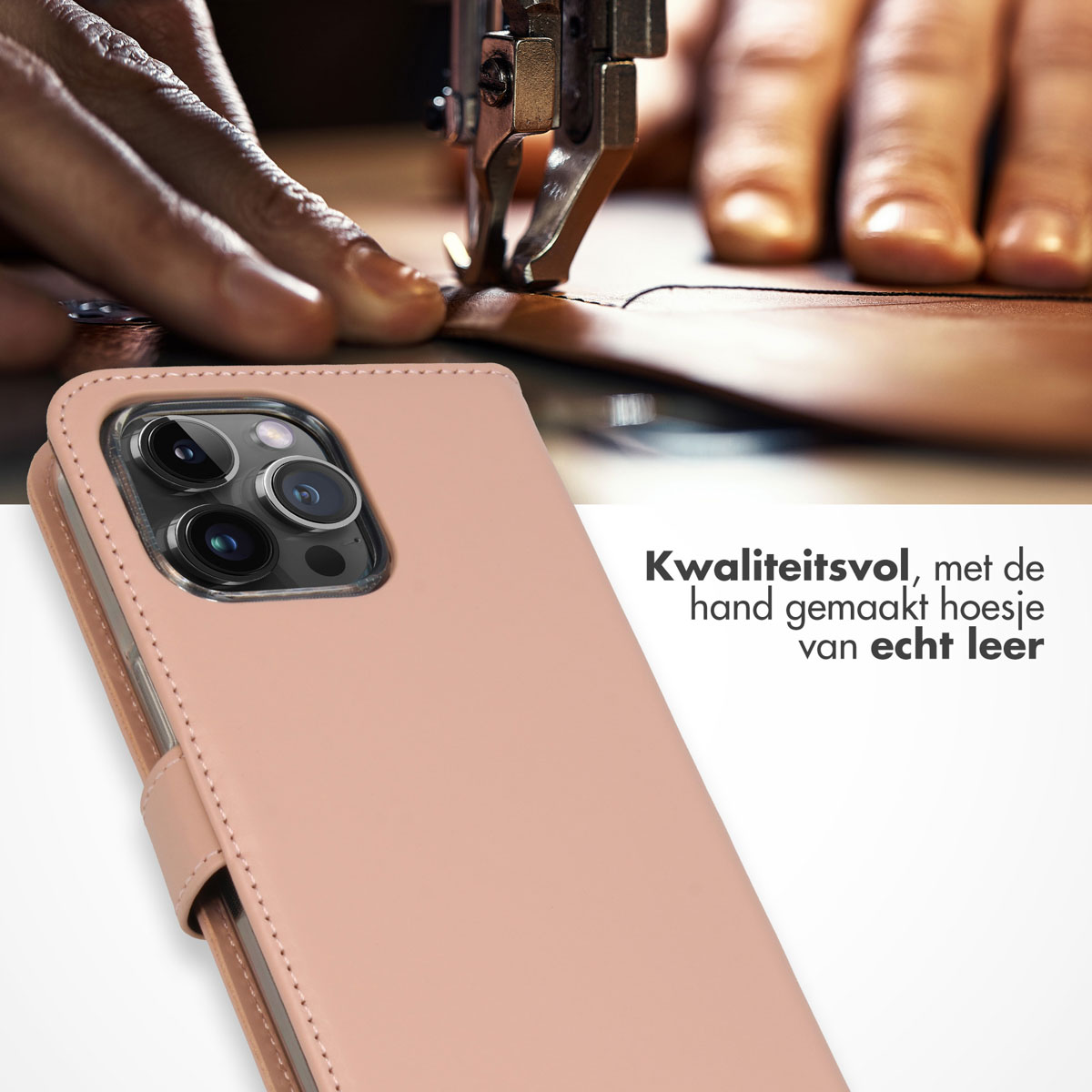 Une personne cousant une coque de téléphone rose. La coque est en cuir, avec un rabat et un bouton.