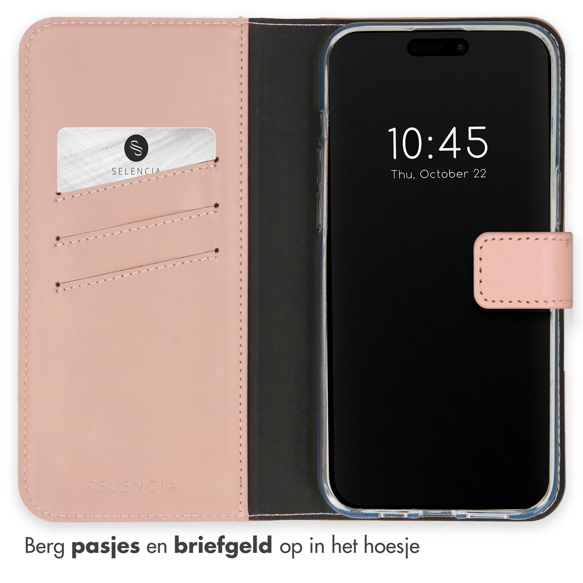 Étui de téléphone rose avec une carte blanche et un téléphone noir. L'heure à l'écran est 10:45.