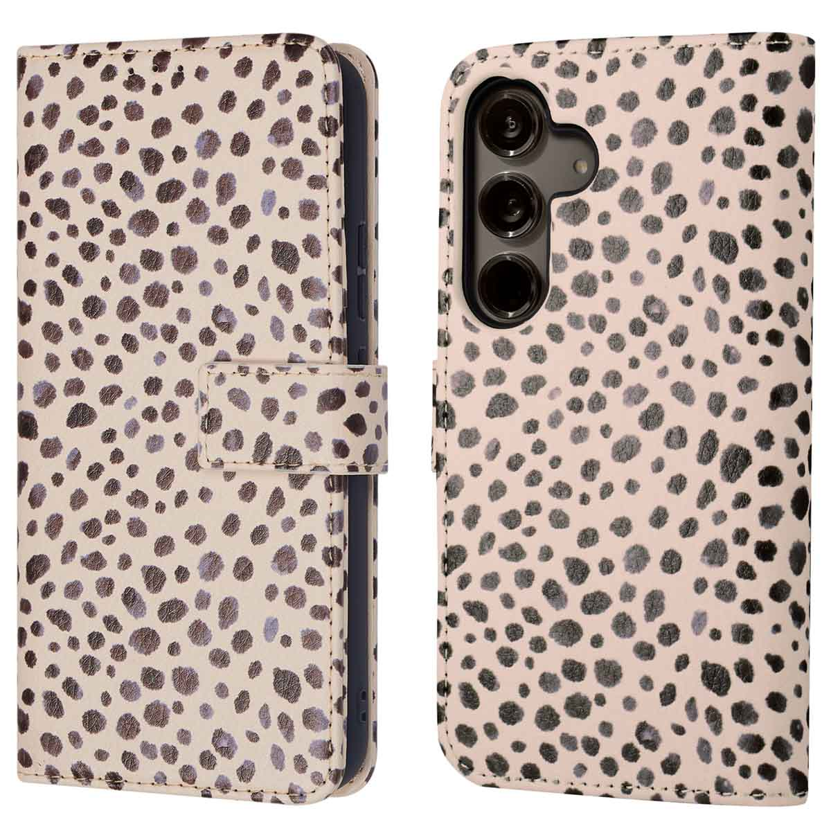 Een telefoonhoesje met een dalmatiërpatroon. De hoes is open. Hij heeft een lichtroze en zwart ontwerp.