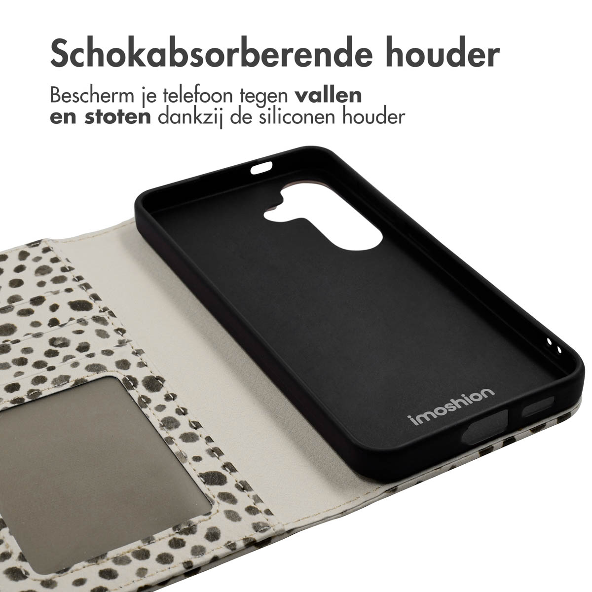 Telefoonhoesje met een dalmatiërpatroon. Tekst zegt: Schokabsorberende houder.