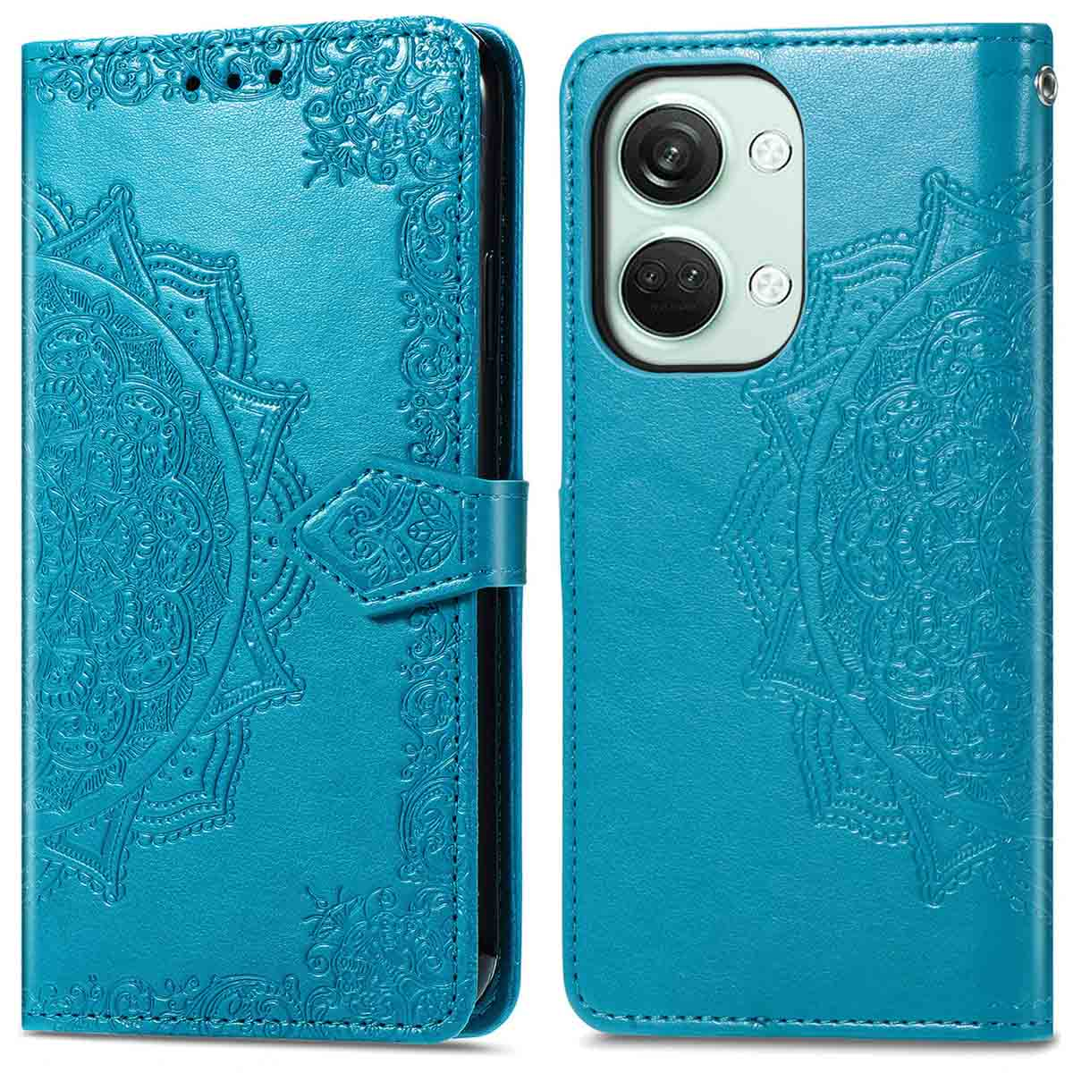 Turquoise telefoonhoes, open, met telefoon met mandala-stijl ontwerp. Knopsluiting zichtbaar.