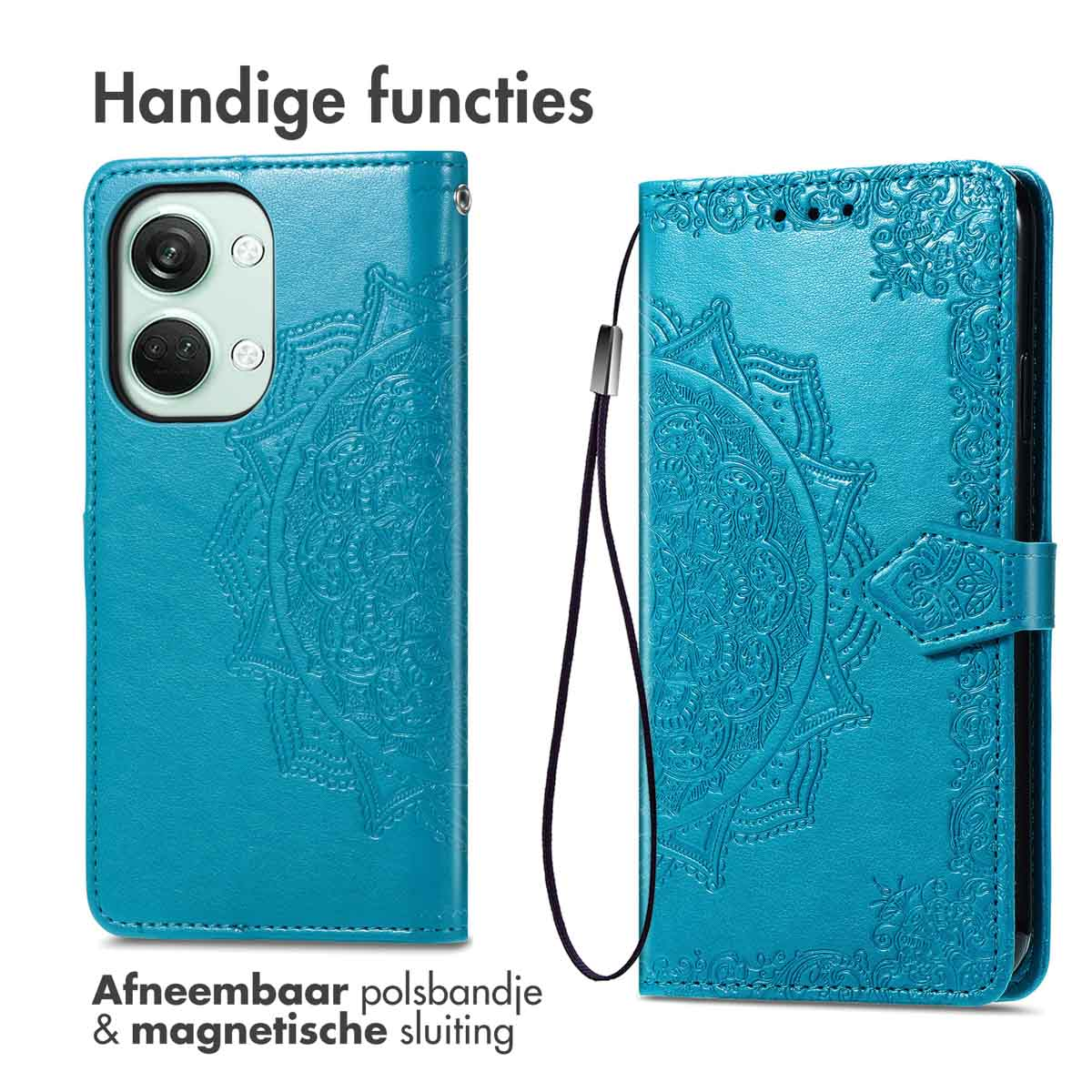 Blauwe telefoonhoes, mandala-ontwerp, met afneembare polsband en magnetische sluiting.