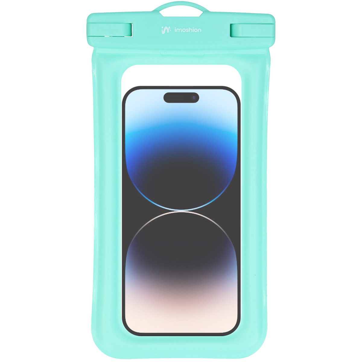 A teal waterproof phone pouch with a phone inside. The pouch has a clear window.