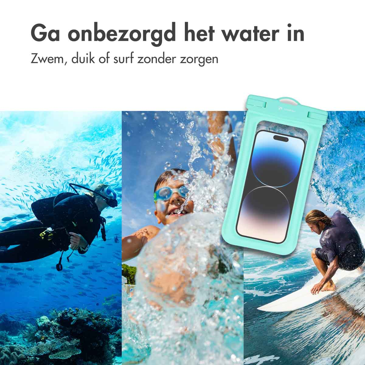 People in water with a waterproof phone pouch. A diver, a child swimming, and a surfer are shown.