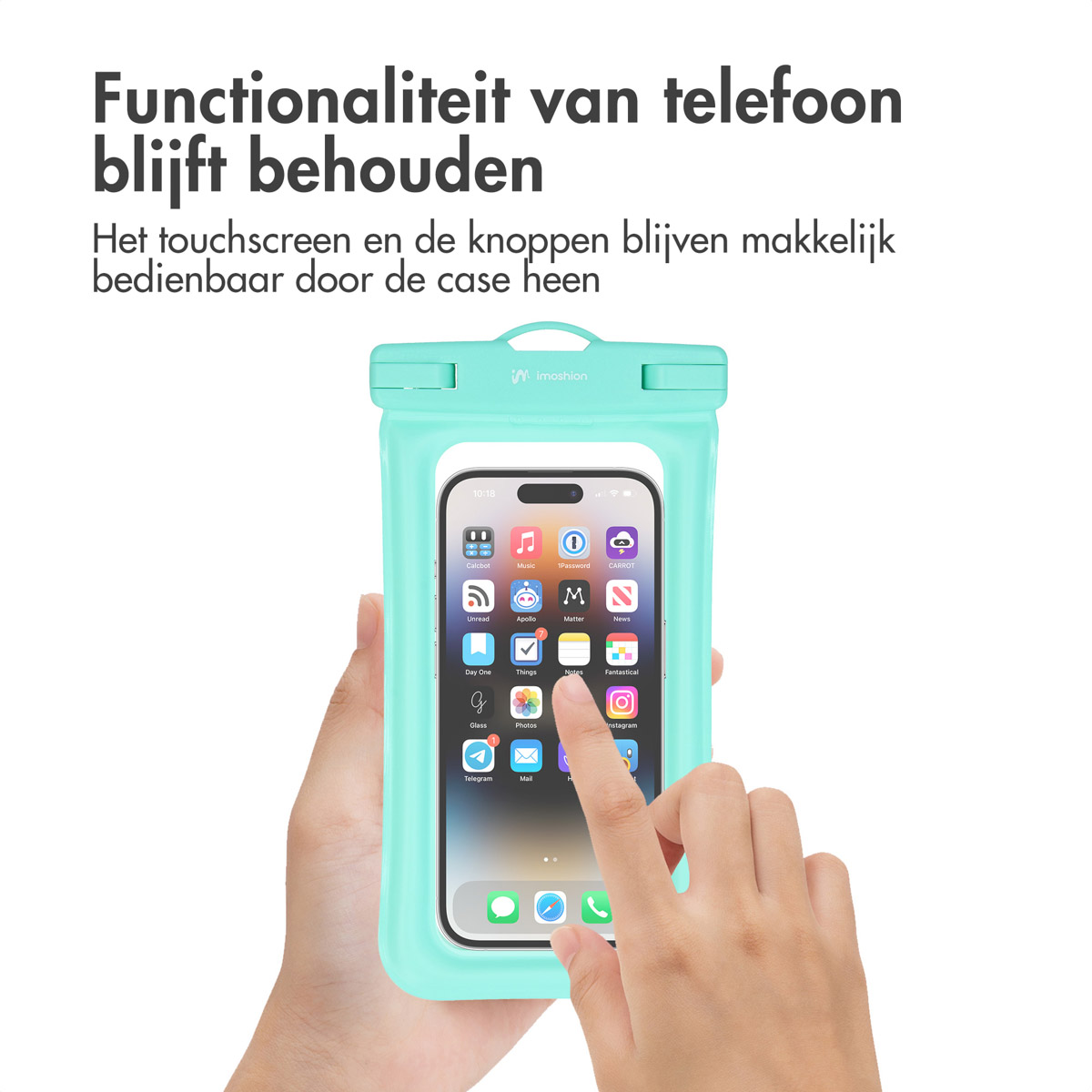 A person's hand using a phone in a teal waterproof pouch. The phone screen displays apps.