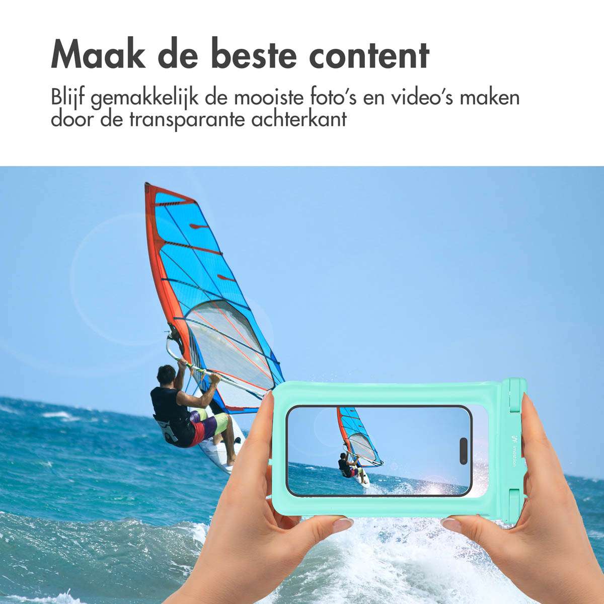 A person taking a photo of a windsurfer with a phone in a teal waterproof pouch.