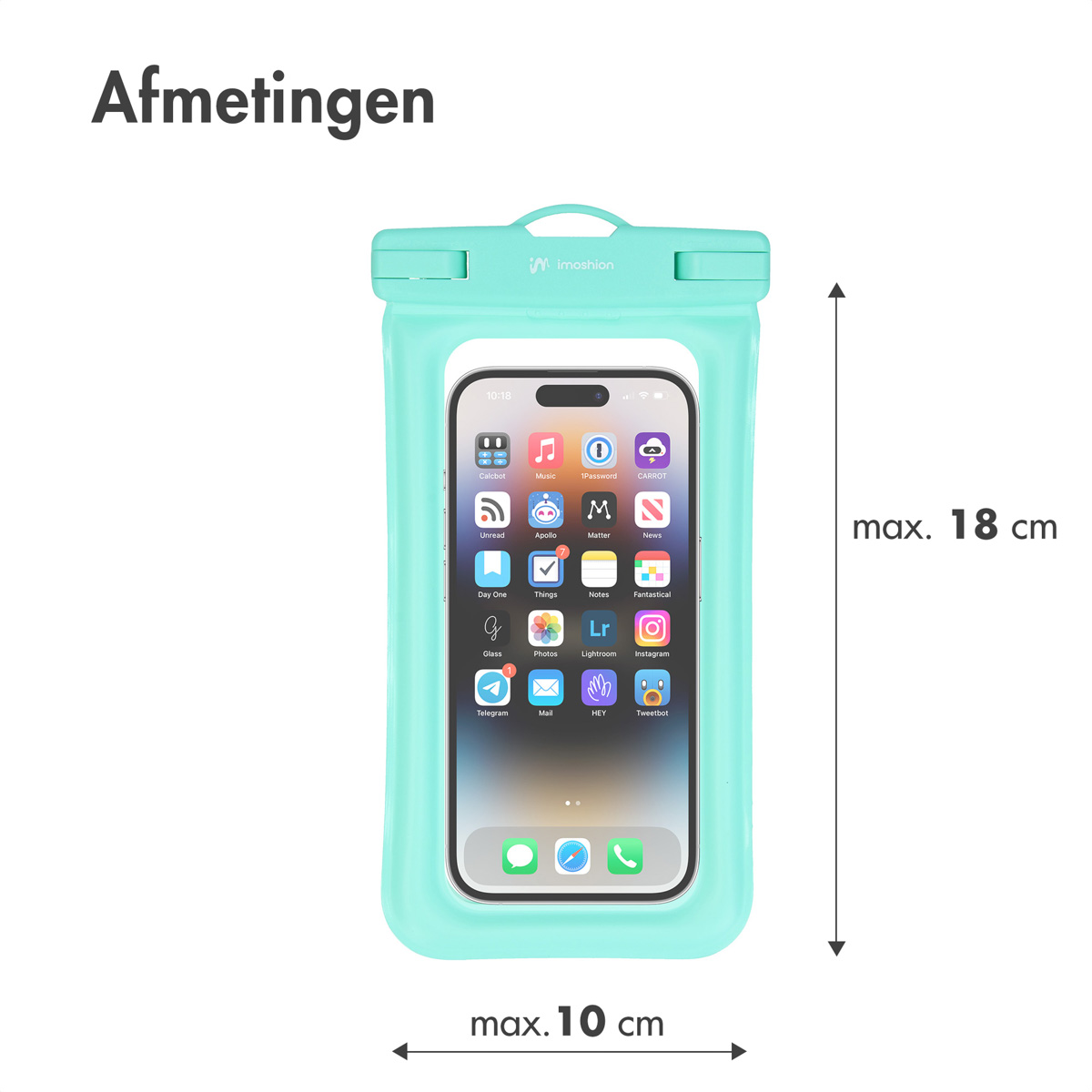 A teal waterproof pouch with a phone. Dimensions are max. 18 cm height, 10 cm width.