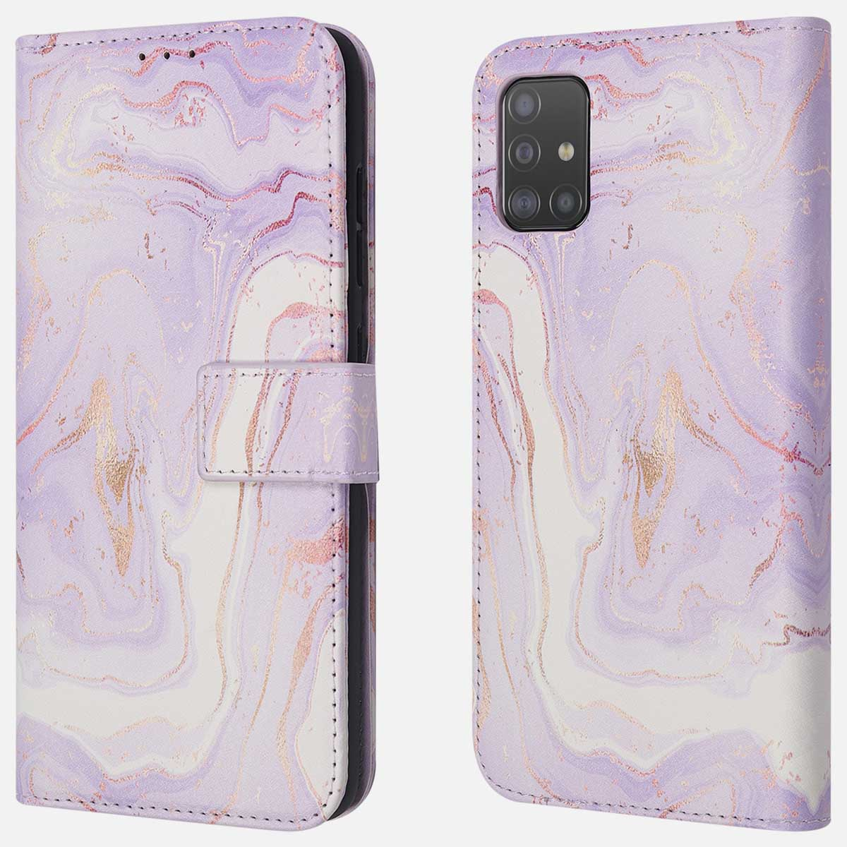 Paarse en gouden marmeren telefoonhoes. Telefoon aan de rechterkant. Gesloten.