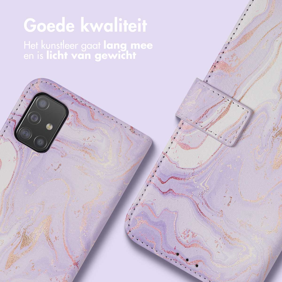 Paarse marmeren telefoonhoes met gouden accenten. De flap is gesloten.