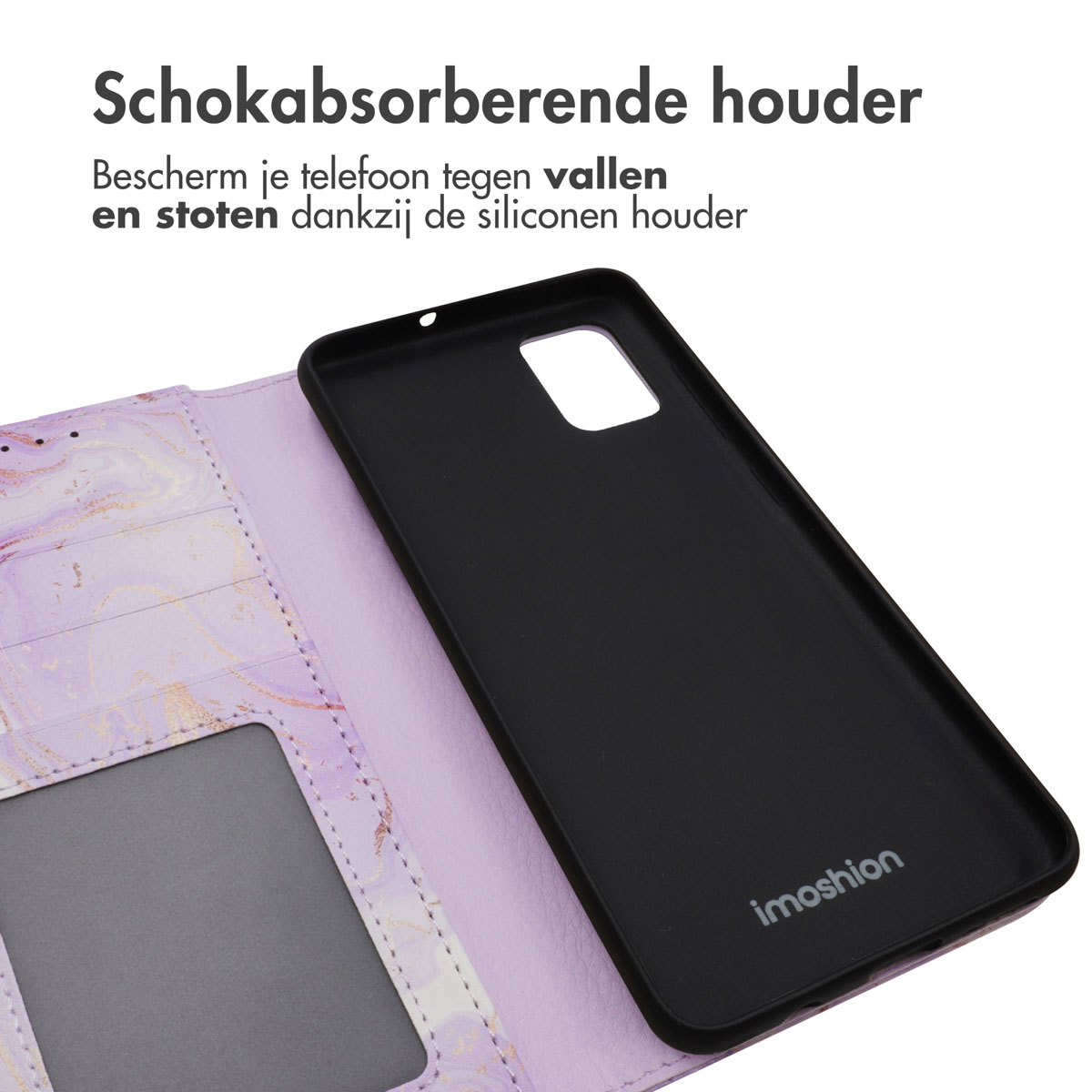 Telefoonhoesje met een paars marmerpatroon. Tekst zegt: Schokabsorberende houder.