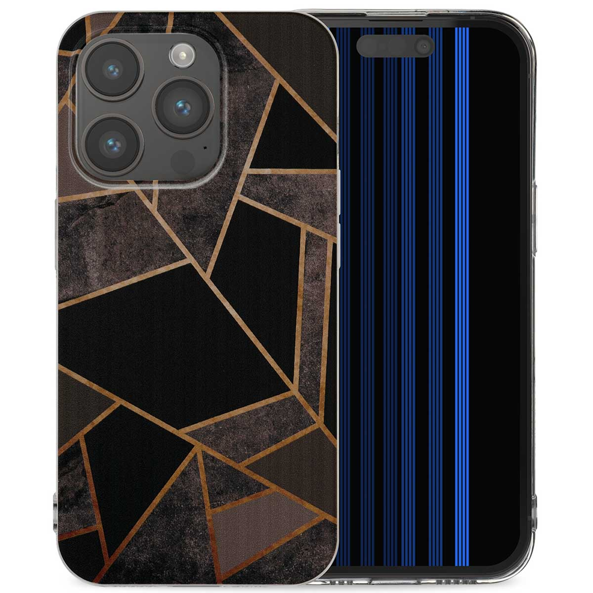 Telefoonhoes, zwart met geometrisch ontwerp, gouden lijnen. Scherm toont blauwe lijnen.