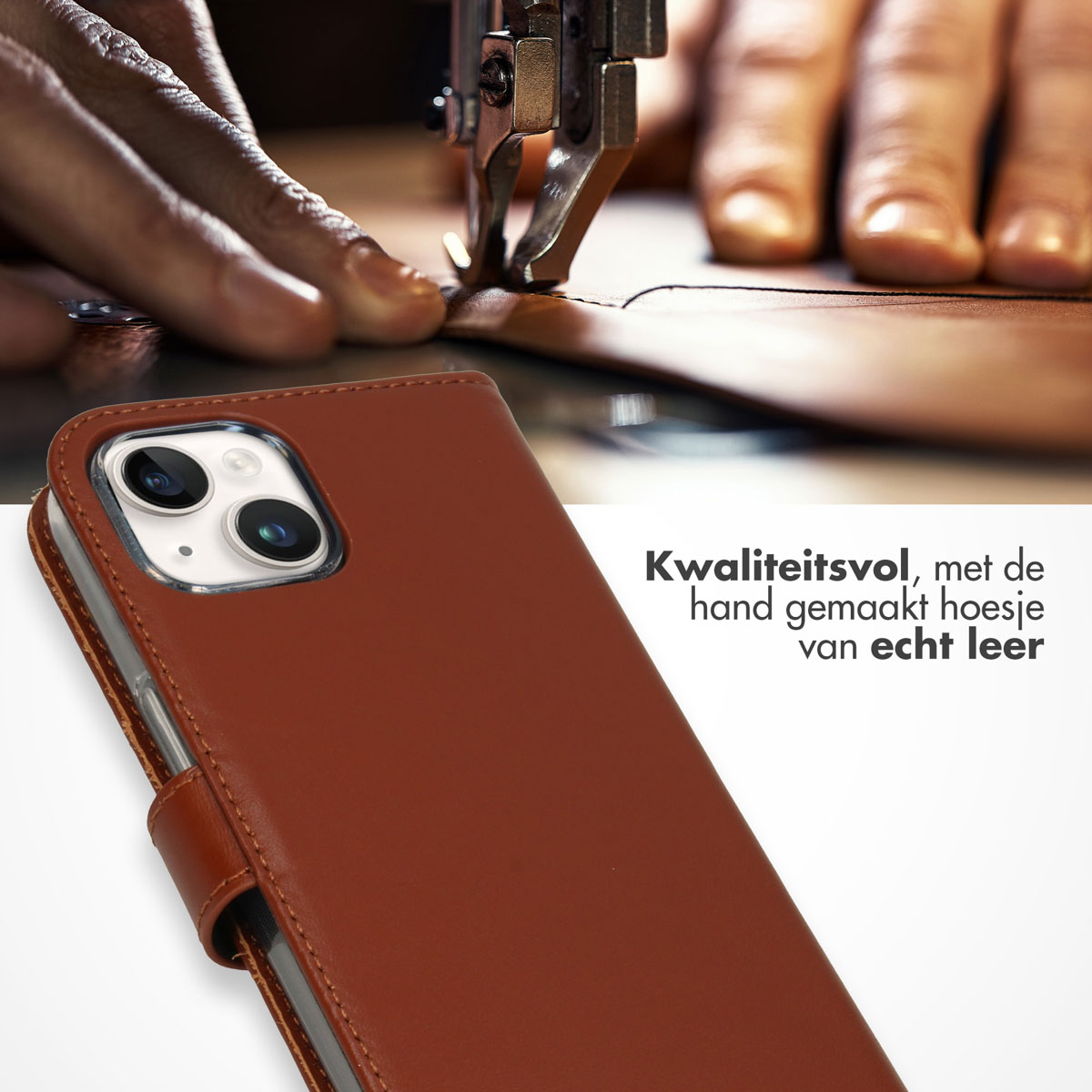 Een bruine leren telefoonhoes wordt op een naaimachine genaaid. Een persoon is aan het naaien.