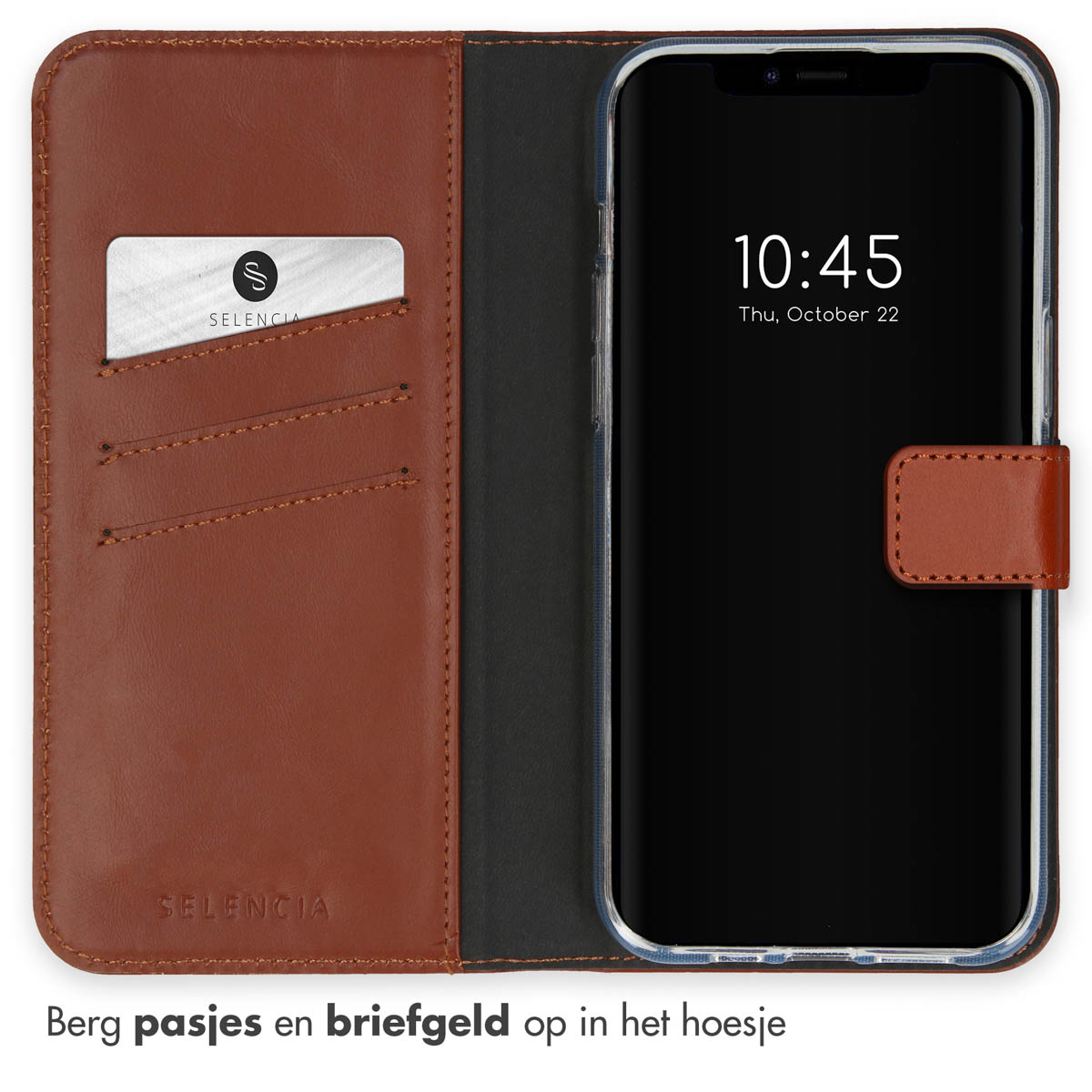 Bruine leren telefoonhoes, open, met telefoon en kaartsleuf. Kaart leest SELENCIA.