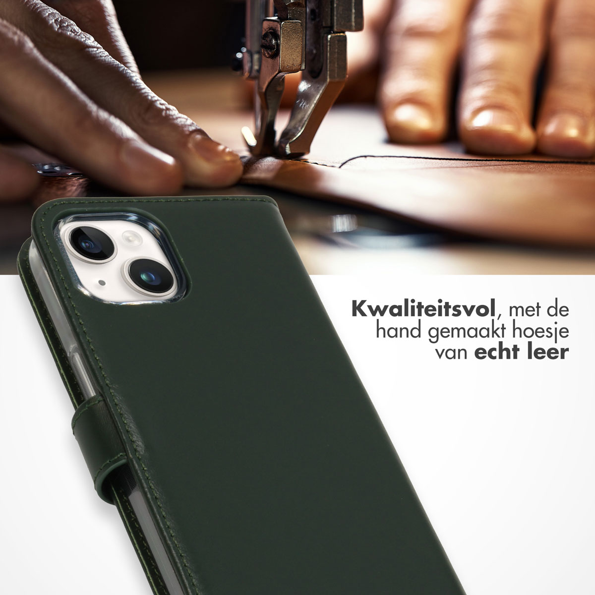 Hands sewing leather phone case. Dark green case. High-quality, handmade.