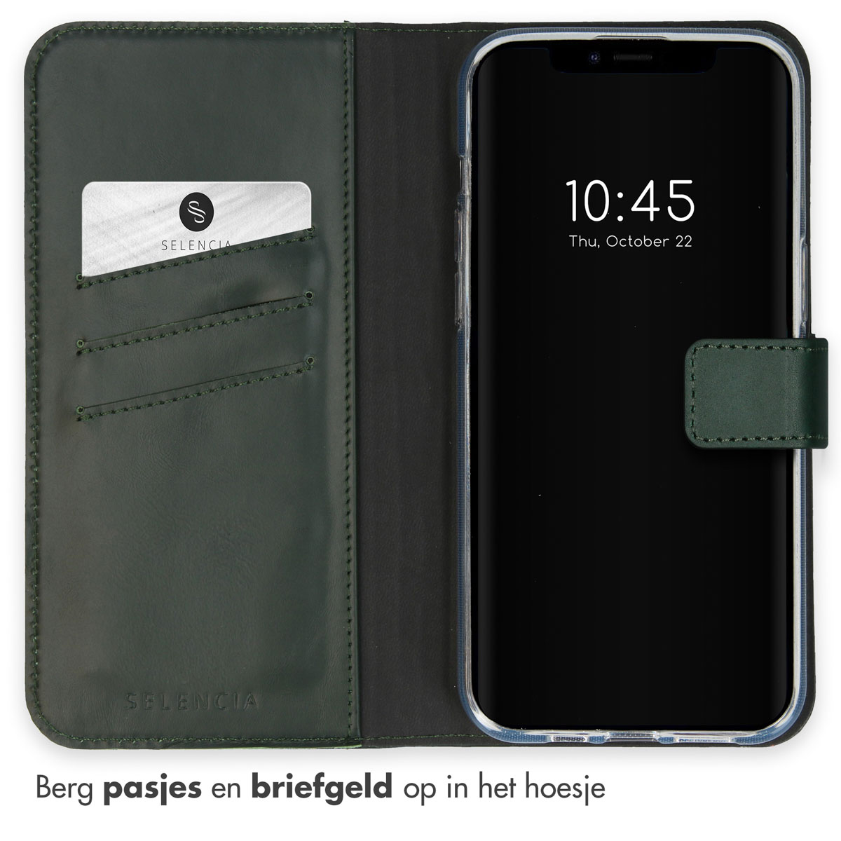 Green phone case open with a card and phone inside. The time on the phone is 10:45.