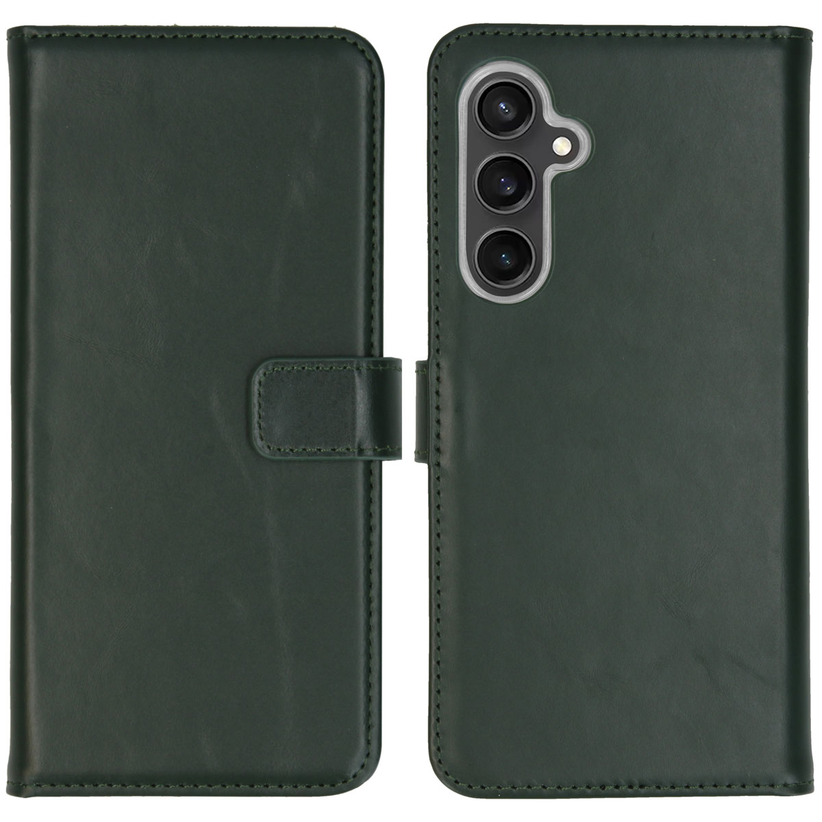 Étui de téléphone en cuir vert, ouvert, montrant un téléphone avec caméra. Fermeture bouton visible.