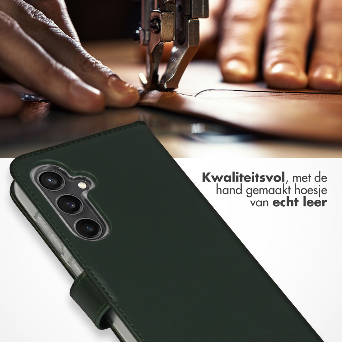 Étui de téléphone vert foncé cousu. Texte sur la qualité et le cuir véritable.