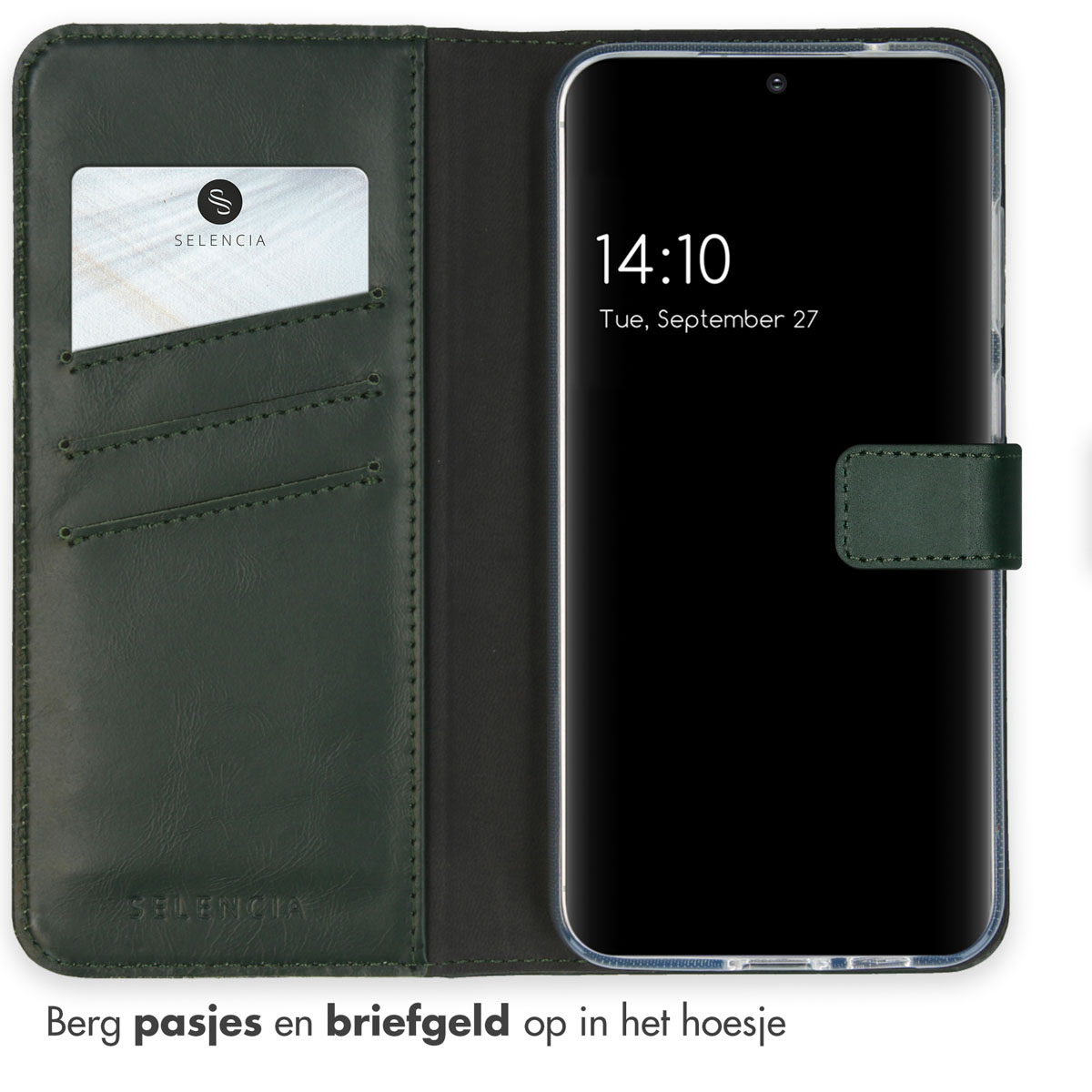 Un étui de téléphone avec des fonctions de portefeuille. Un téléphone est à l'intérieur. Les cartes sont dans les fentes. L'étui est vert foncé.