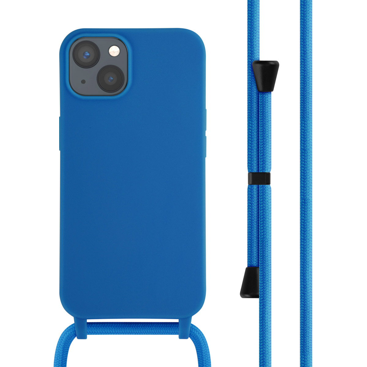 Coque de téléphone bleue avec cordon bleu. La coque a une découpe pour l'appareil photo. Le cordon est fixé à la coque.